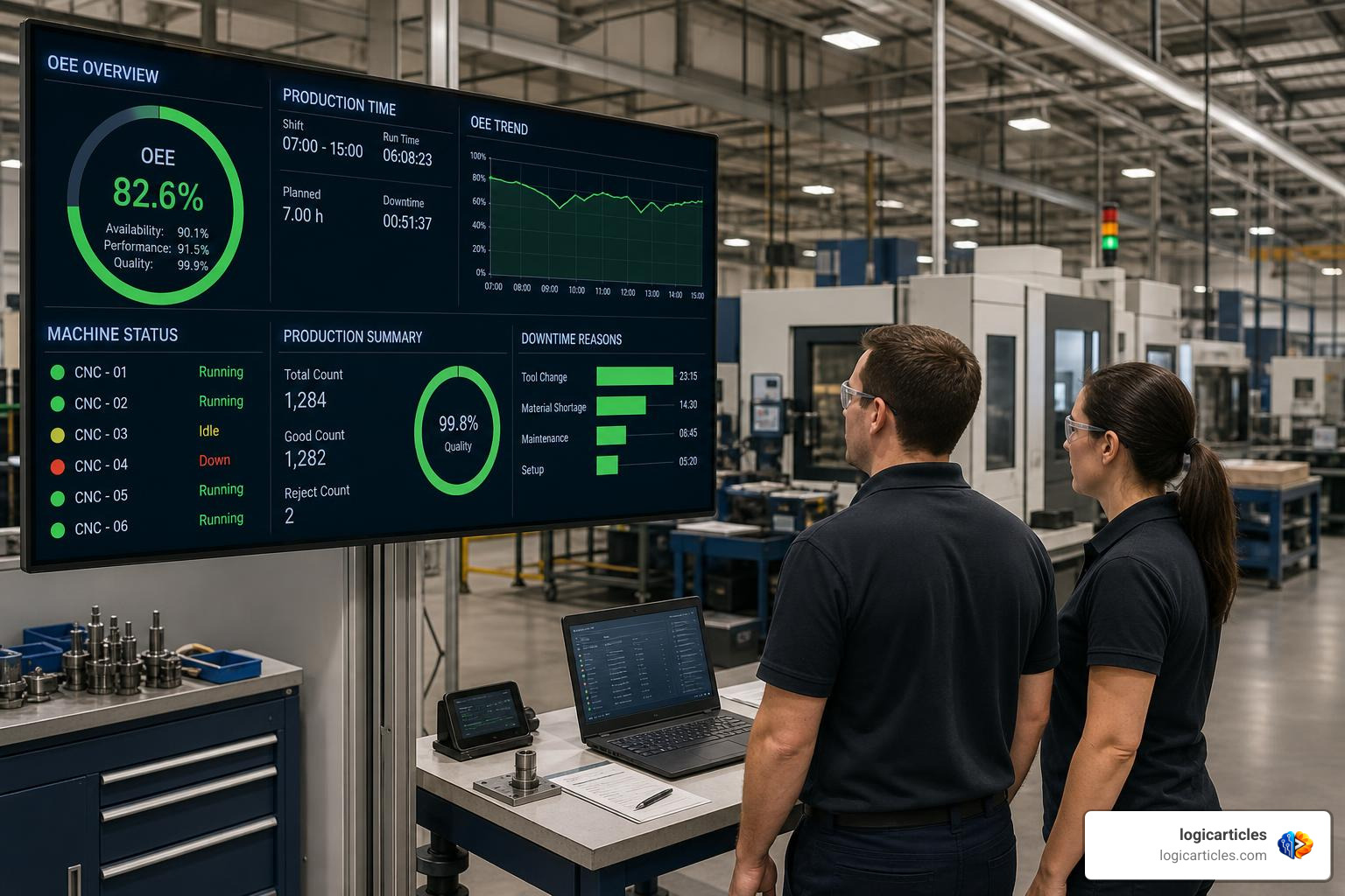 Real-time shop floor dashboard displaying OEE and machine status