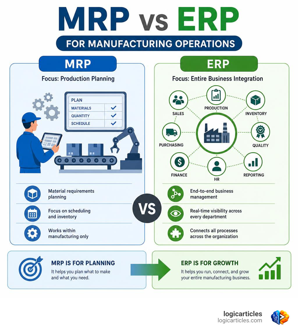 MRP vs ERP comparison infographic for manufacturing operations infographic
