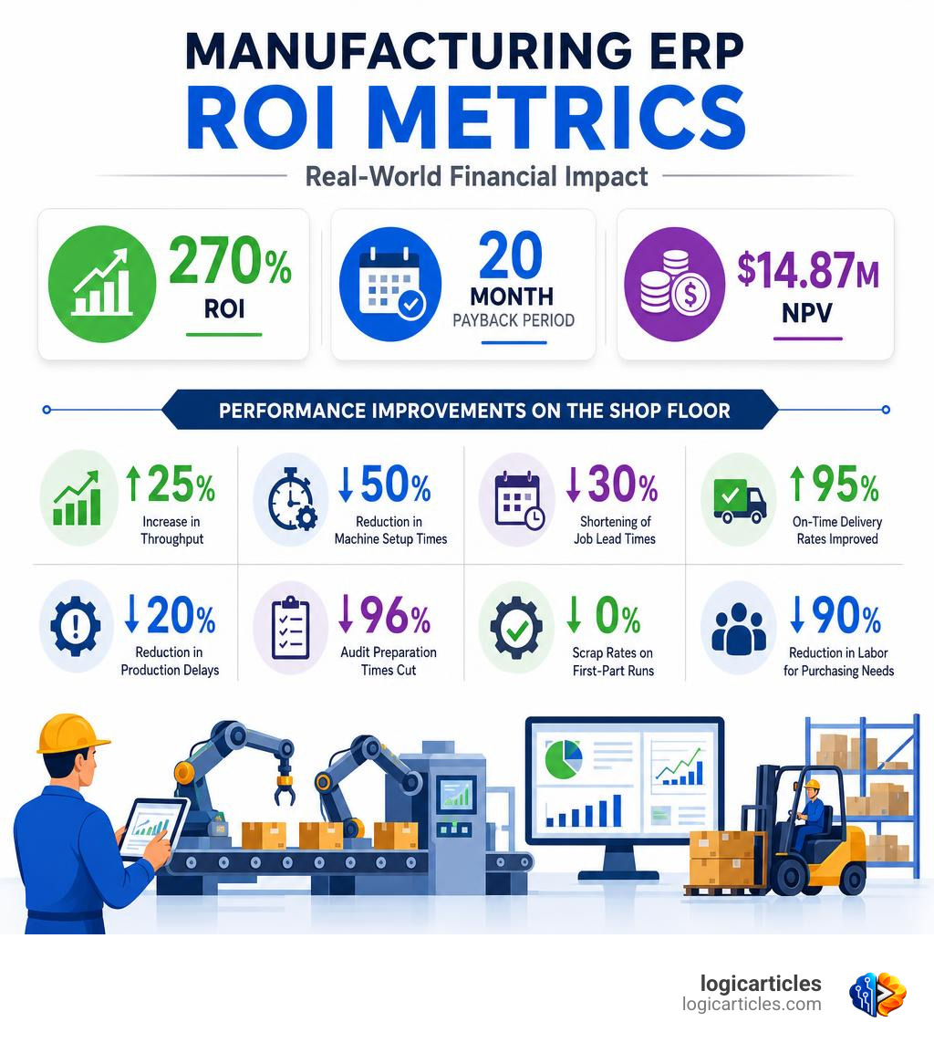 Manufacturing ERP ROI metrics and performance improvements infographic