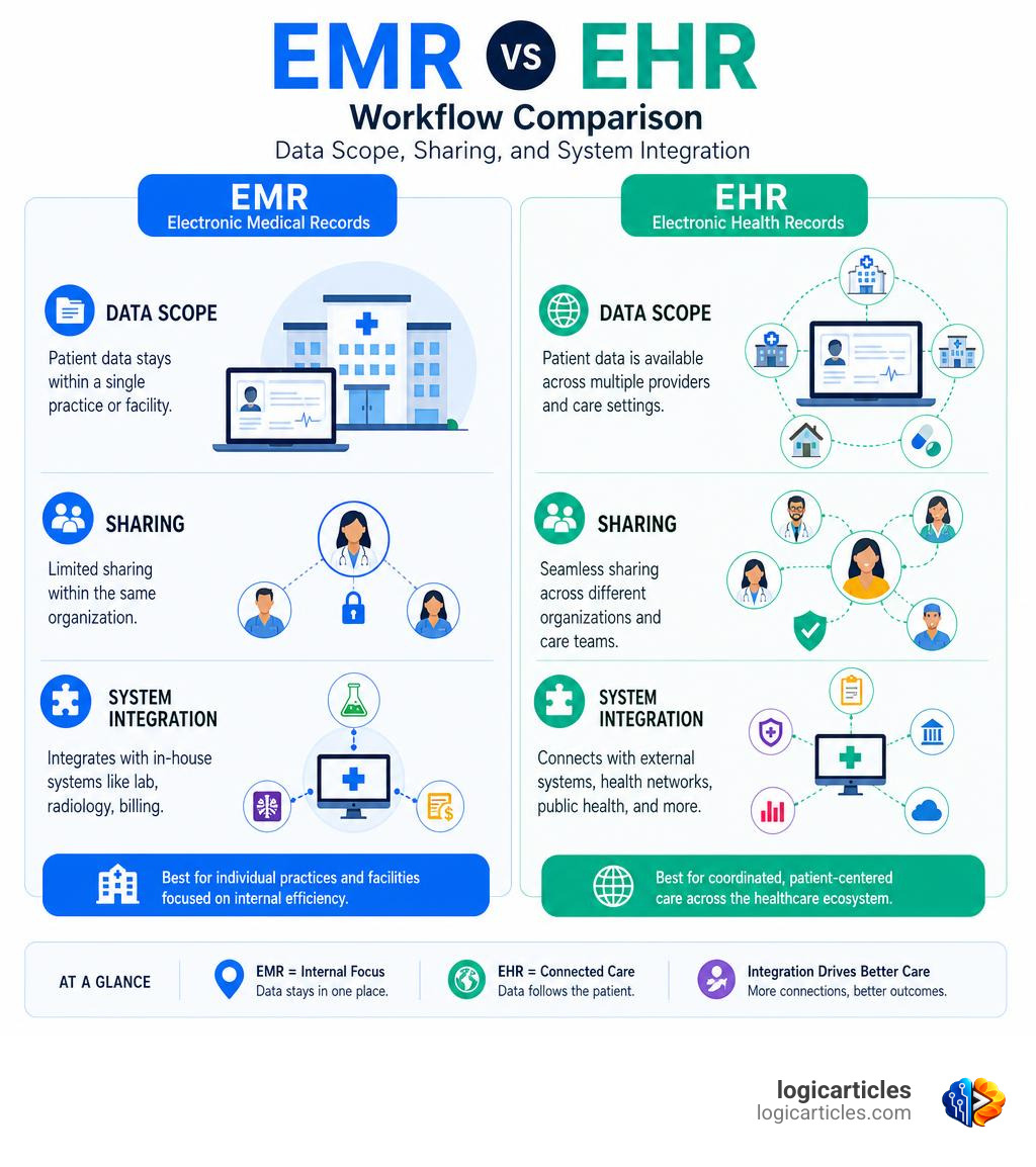 EMR vs EHR workflow comparison infographic showing data scope, sharing, and system integration infographic