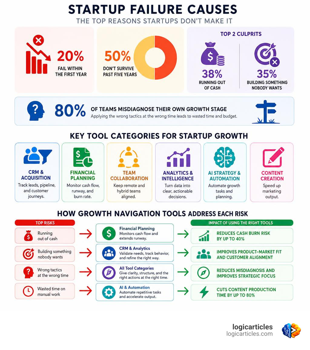 Infographic: startup failure causes, key tool categories, and how growth navigation tools address each risk infographic Infographic: startup failure causes, key tool categories, and how growth navigation tools address each risk infographic