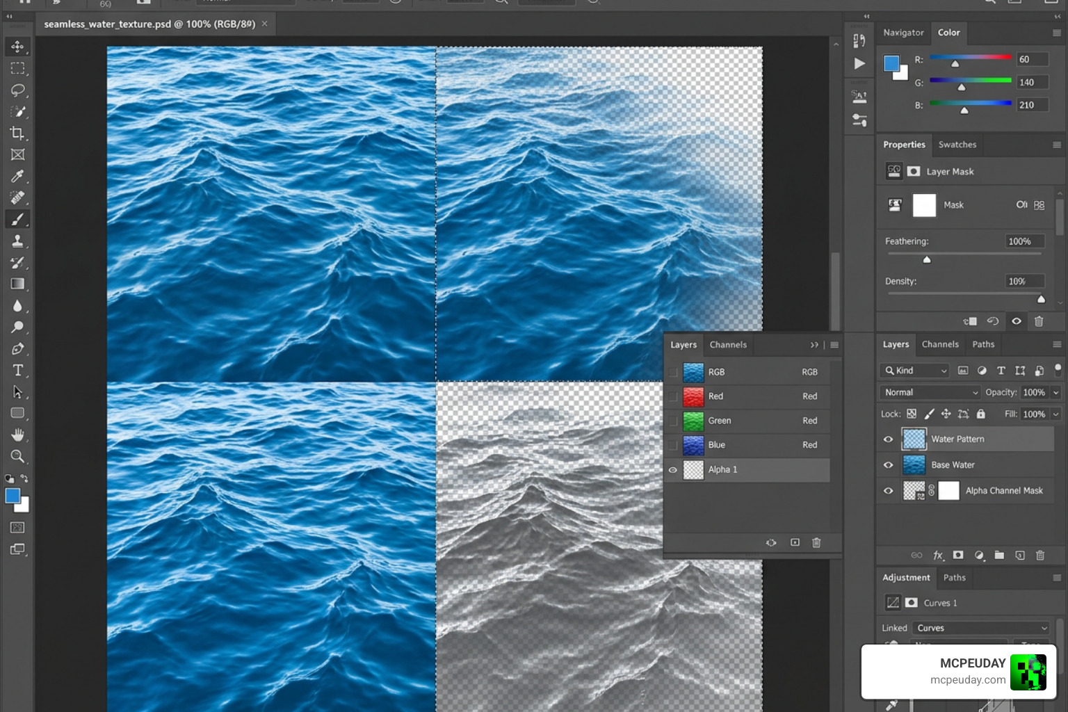 Water texture editing in Photoshop showing seamless tiling and opacity adjustment Water texture editing in Photoshop showing seamless tiling and opacity adjustment