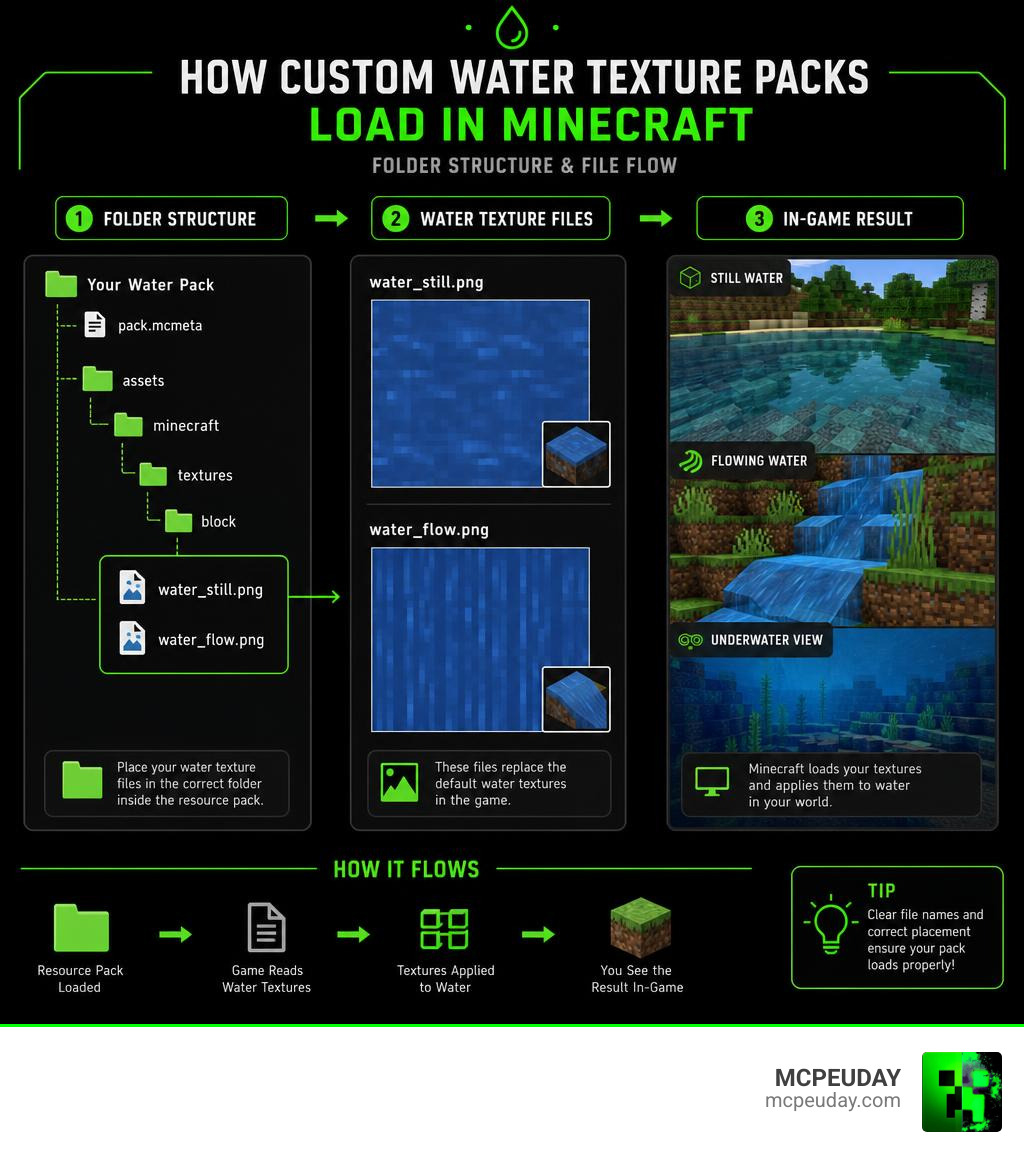 How custom water texture packs load in Minecraft - folder structure and file flow infographic infographic How custom water texture packs load in Minecraft - folder structure and file flow infographic infographic