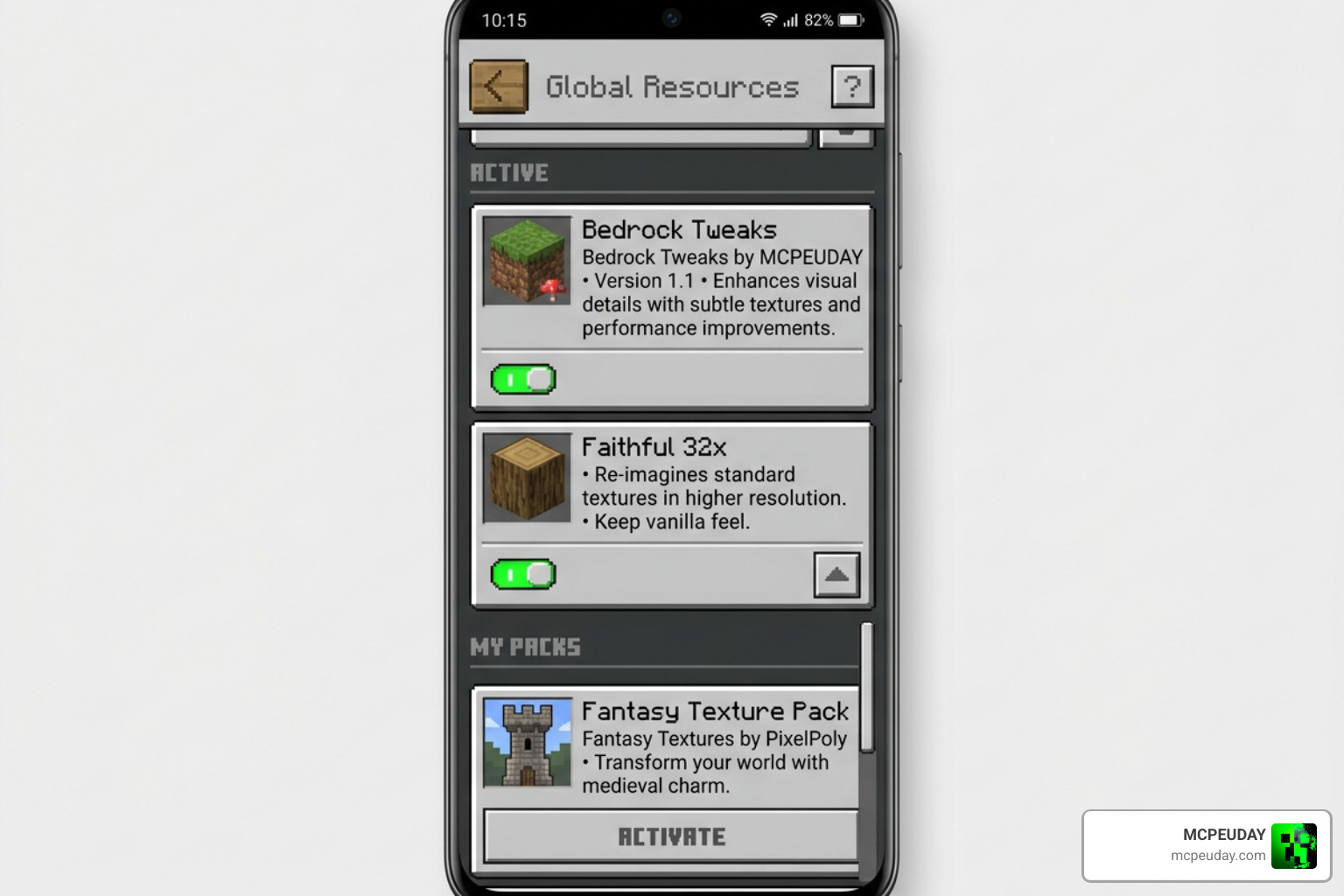 Minecraft Bedrock global resources settings screen showing active packs Minecraft Bedrock global resources settings screen showing active packs