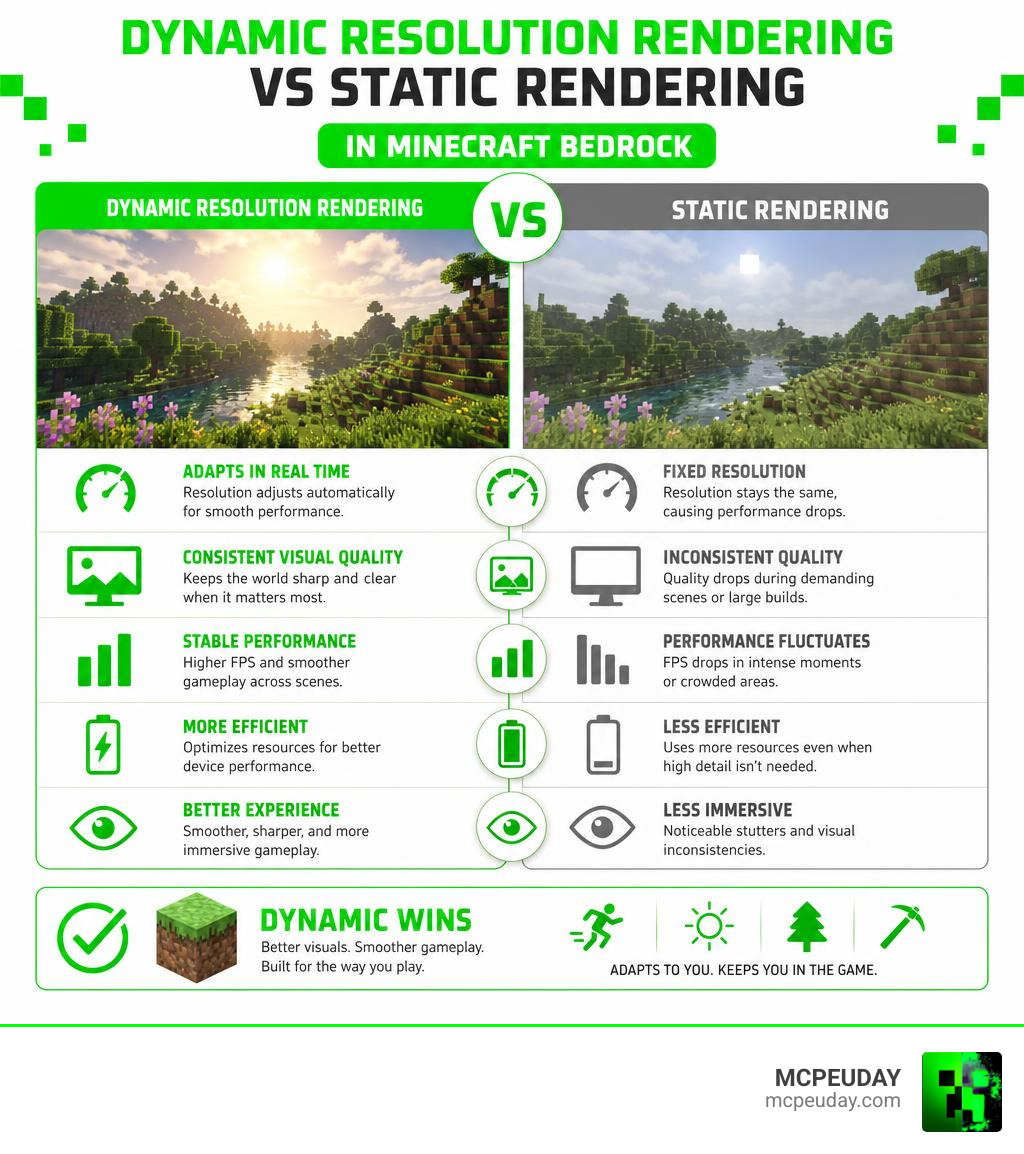 Infographic comparing dynamic resolution rendering vs static rendering in Minecraft Bedrock infographic Infographic comparing dynamic resolution rendering vs static rendering in Minecraft Bedrock infographic