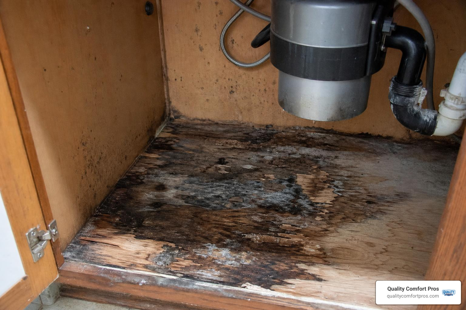 damaged under-sink cabinet floor from a leaking garbage disposal damaged under-sink cabinet floor from a leaking garbage disposal