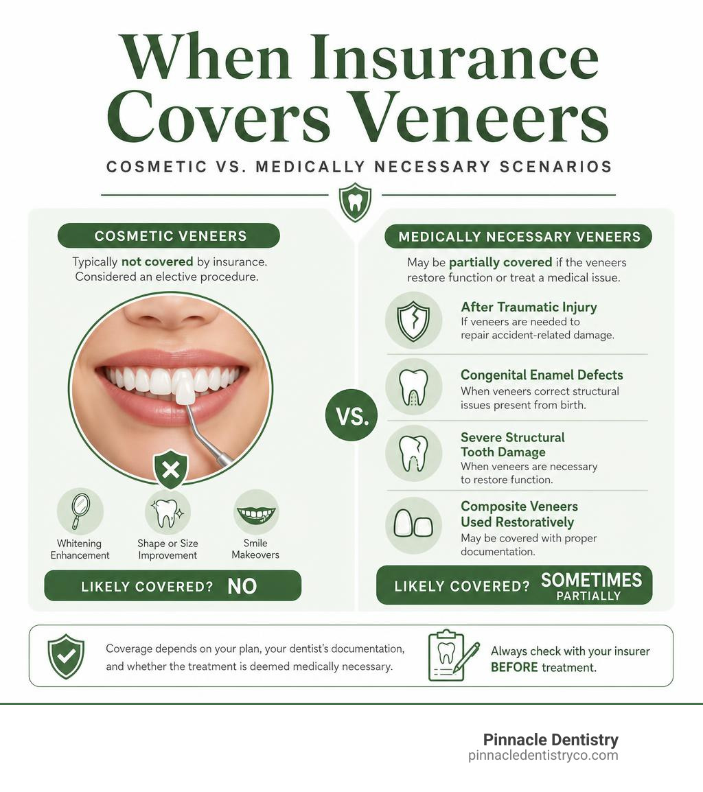 Infographic showing when insurance covers veneers: cosmetic vs medically necessary scenarios infographic