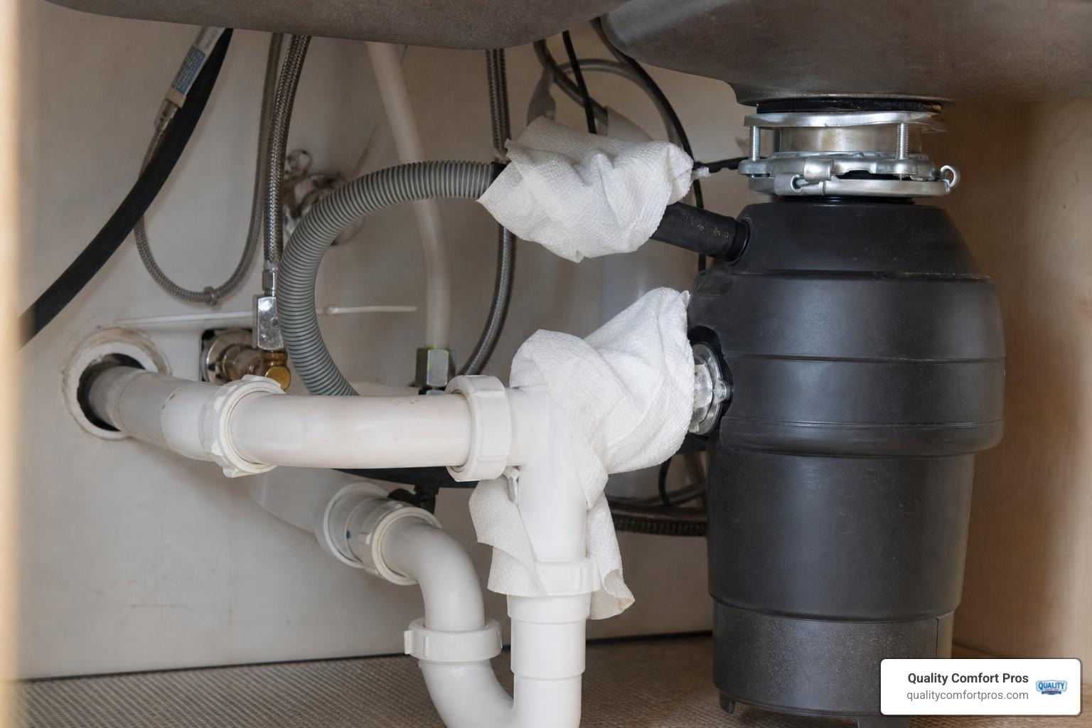 paper towels wrapped around disposal connections to trace a leak paper towels wrapped around disposal connections to trace a leak