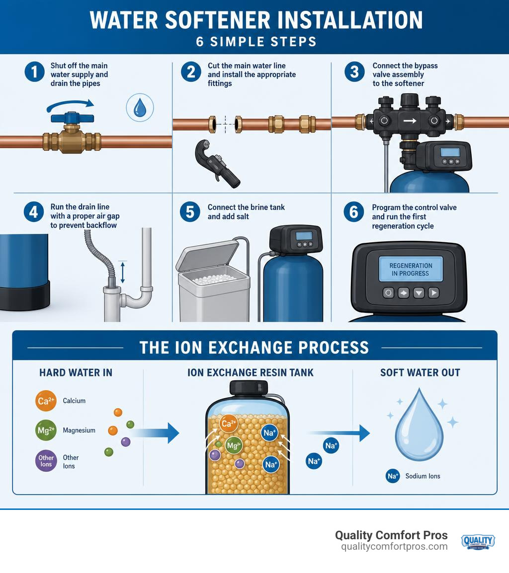 Infographic showing 6 steps of water softener installation and the ion exchange process infographic Infographic showing 6 steps of water softener installation and the ion exchange process infographic