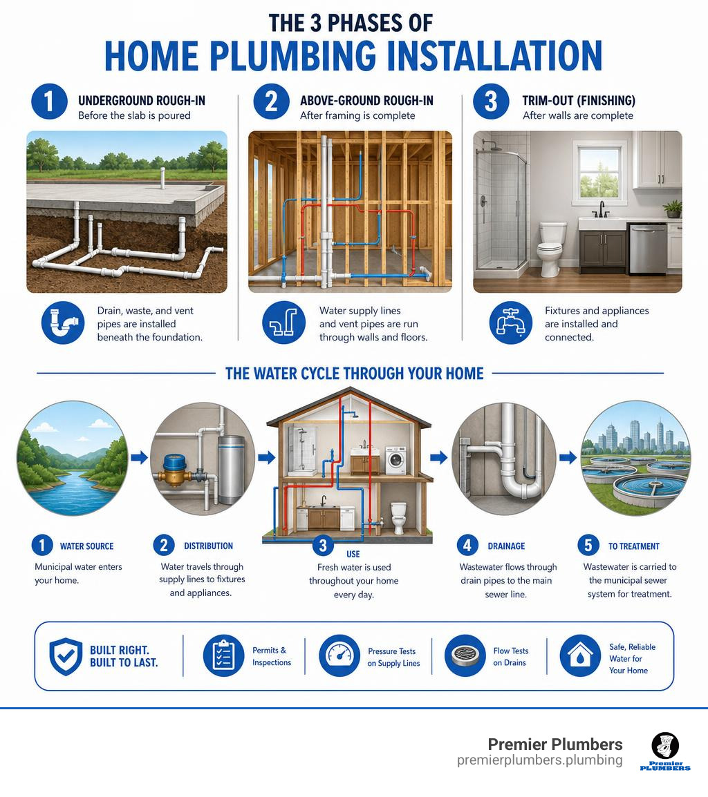Diagram showing the three phases of home plumbing installation and the water cycle through a residential system infographic