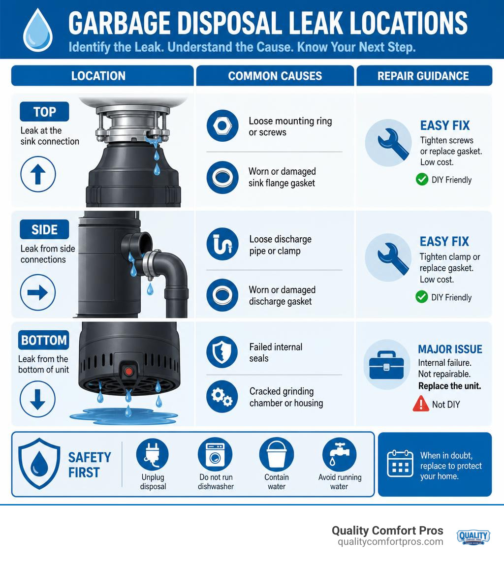 Infographic showing top, side, and bottom garbage disposal leak locations with causes and repair guidance infographic Infographic showing top, side, and bottom garbage disposal leak locations with causes and repair guidance infographic