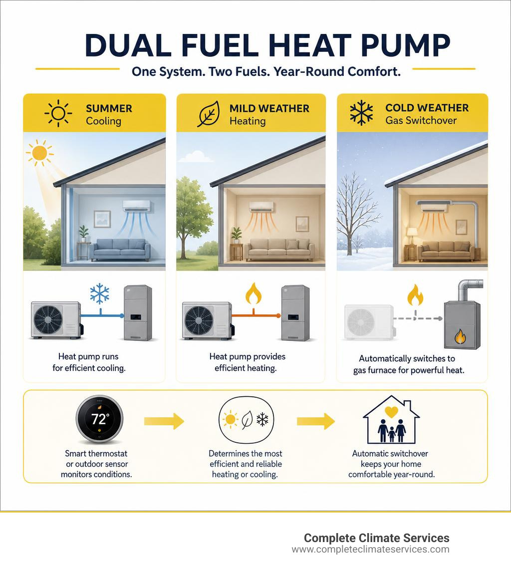Infographic showing seasonal operation of a dual fuel heat pump: summer cooling, mild heating, cold weather gas switchover Infographic showing seasonal operation of a dual fuel heat pump: summer cooling, mild heating, cold weather gas switchover