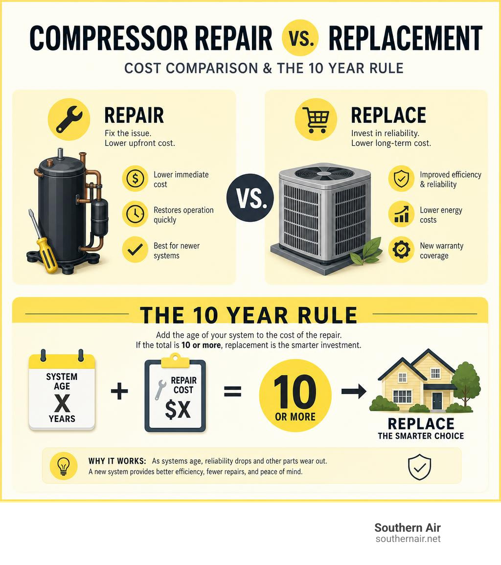 Infographic comparing compressor repair vs replacement costs and the 10 year rule infographic Infographic comparing compressor repair vs replacement costs and the 10 year rule infographic