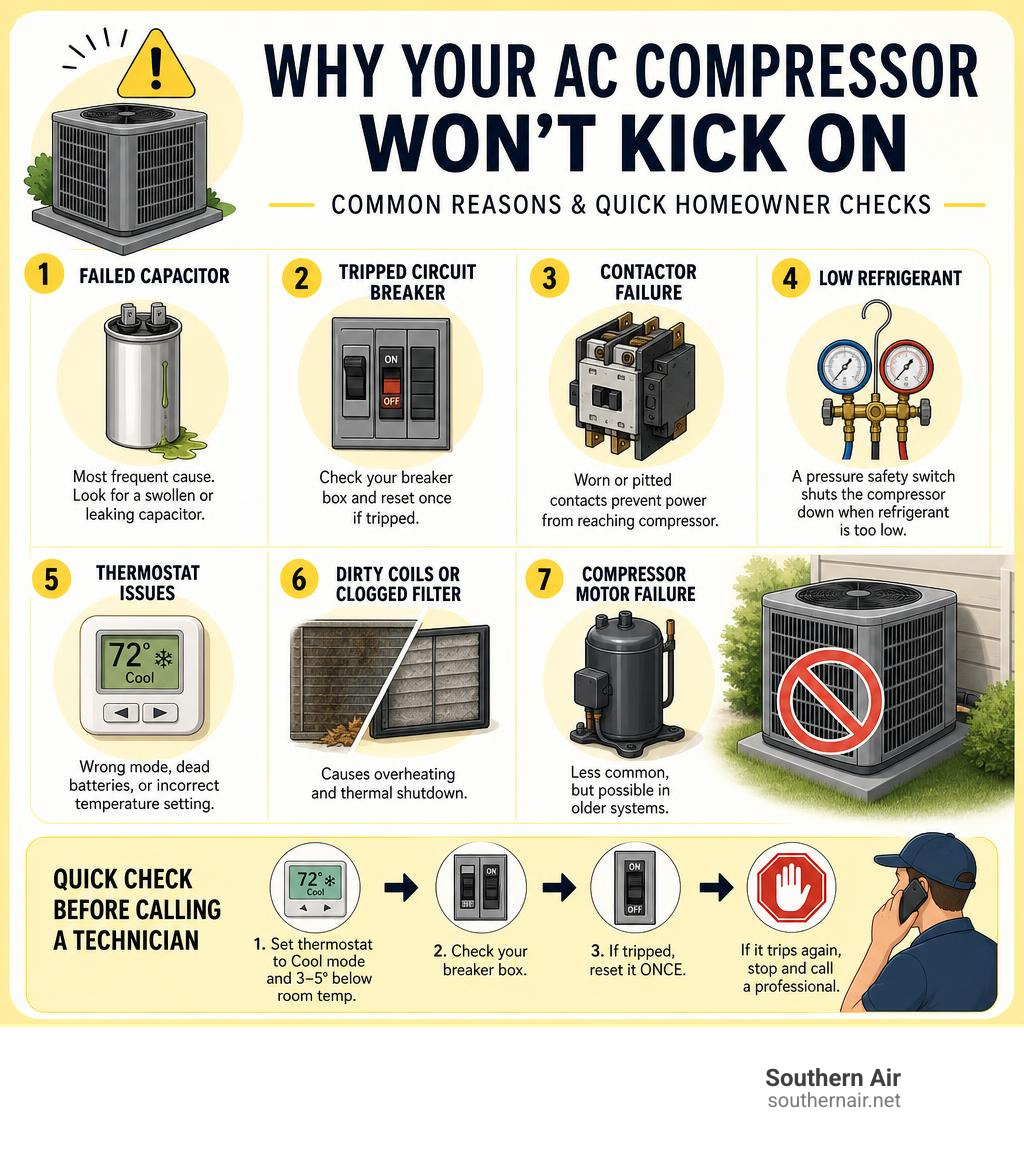 Infographic showing common reasons an AC compressor won't kick on with quick homeowner checks infographic Infographic showing common reasons an AC compressor won't kick on with quick homeowner checks infographic
