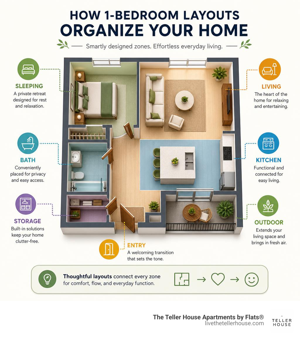 Infographic showing how one-bedroom layouts organize living, sleeping, kitchen, bath, storage, entry, and outdoor zones Infographic showing how one-bedroom layouts organize living, sleeping, kitchen, bath, storage, entry, and outdoor zones