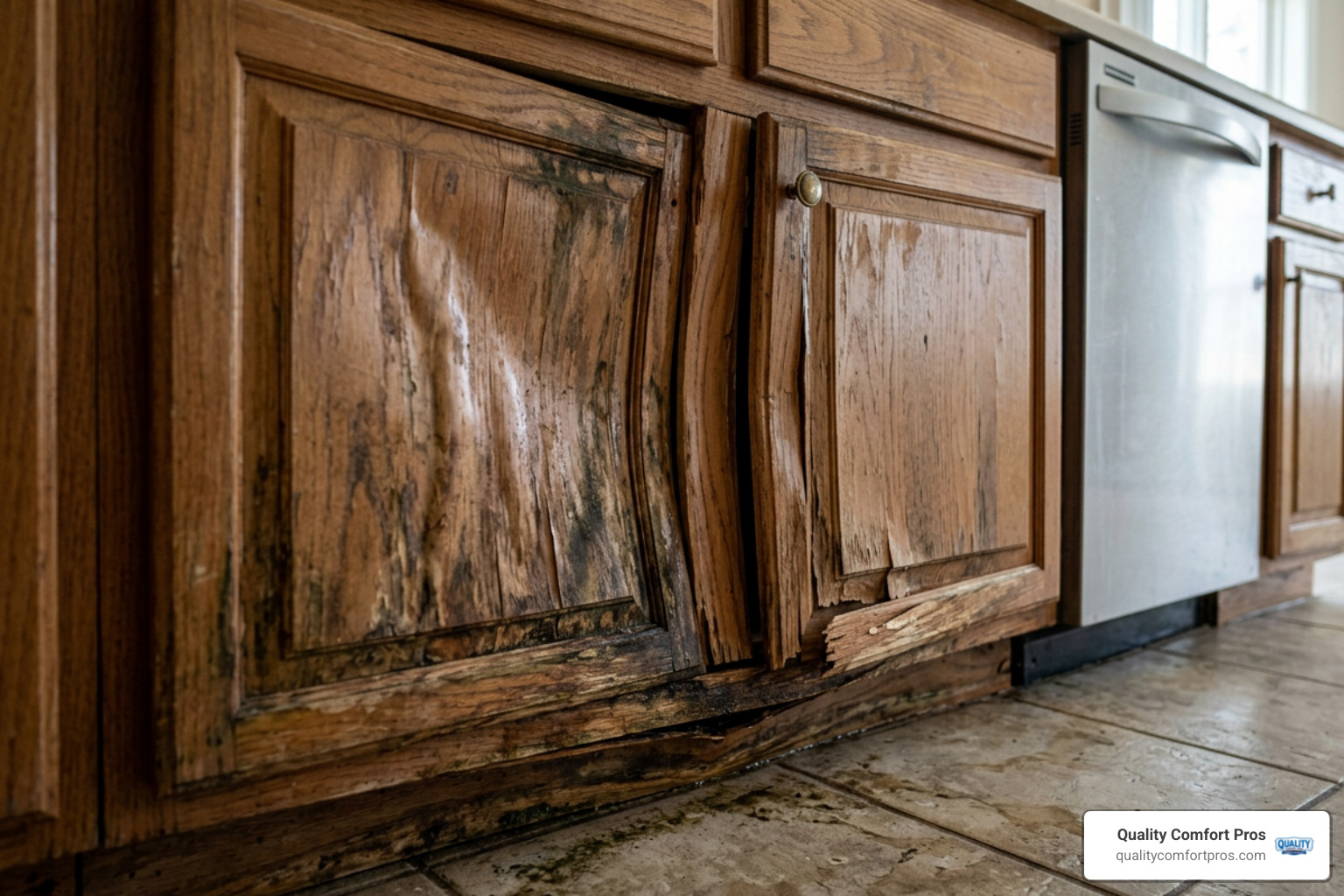 warped kitchen cabinets from moisture damage