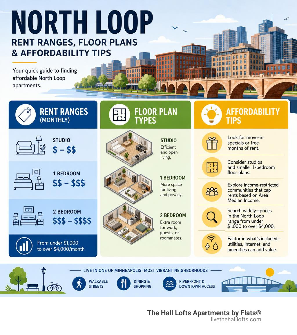 North Loop neighborhood rent ranges, floor plan types, and affordability tips infographic infographic