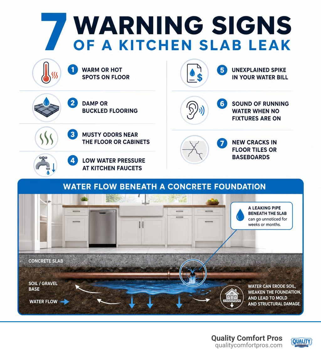 infographic showing 7 warning signs of a kitchen slab leak and water flow beneath a concrete foundation infographic