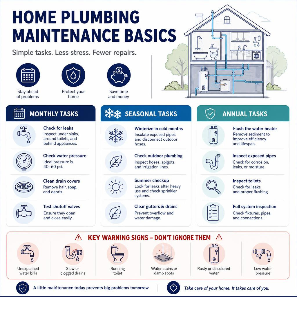 Home plumbing maintenance basics infographic: monthly, seasonal, and annual tasks with key warning signs infographic Home plumbing maintenance basics infographic: monthly, seasonal, and annual tasks with key warning signs infographic