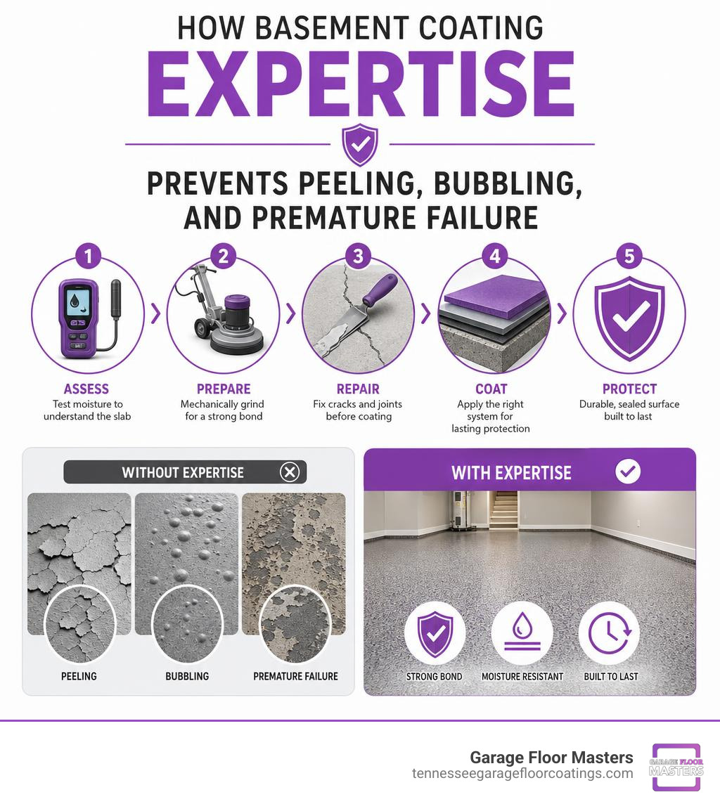 How basement coating expertise prevents peeling, bubbling, and premature failure infographic