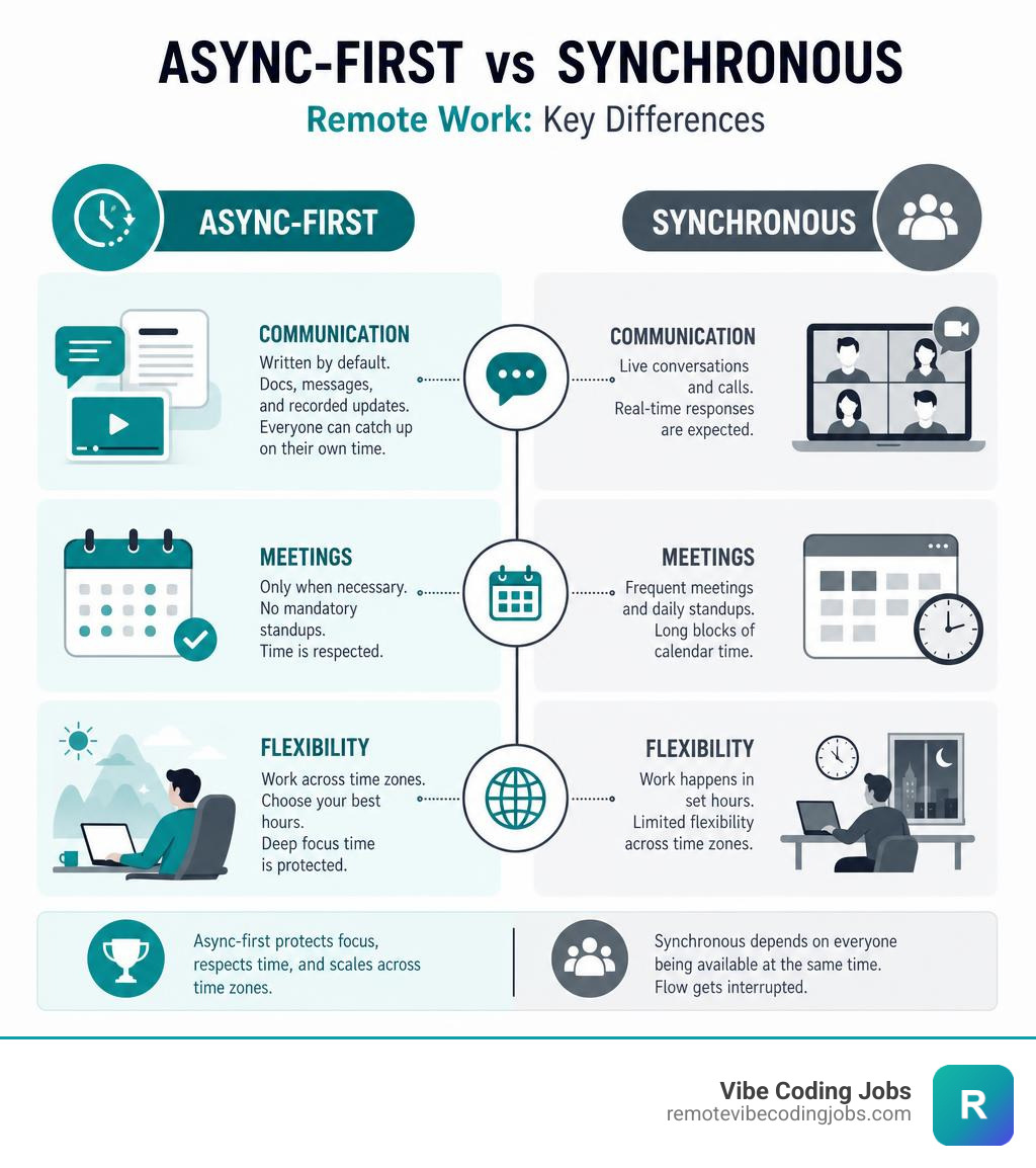 Async-first vs synchronous remote work: key differences in communication, meetings, and flexibility infographic