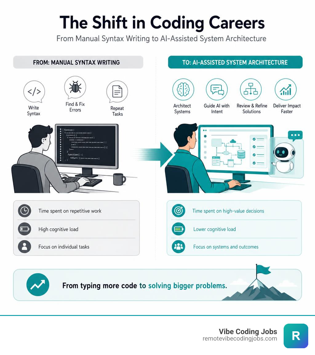Infographic showing shift from manual syntax writing to AI-assisted system architecture in coding careers infographic
