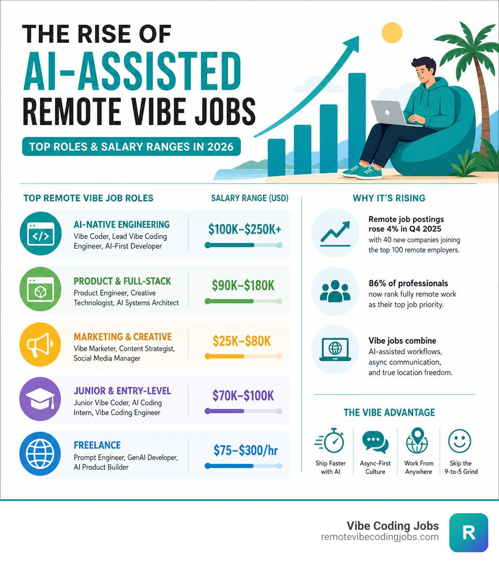 infographic showing rise of AI-assisted remote vibe jobs salary ranges and top roles in 2026 infographic