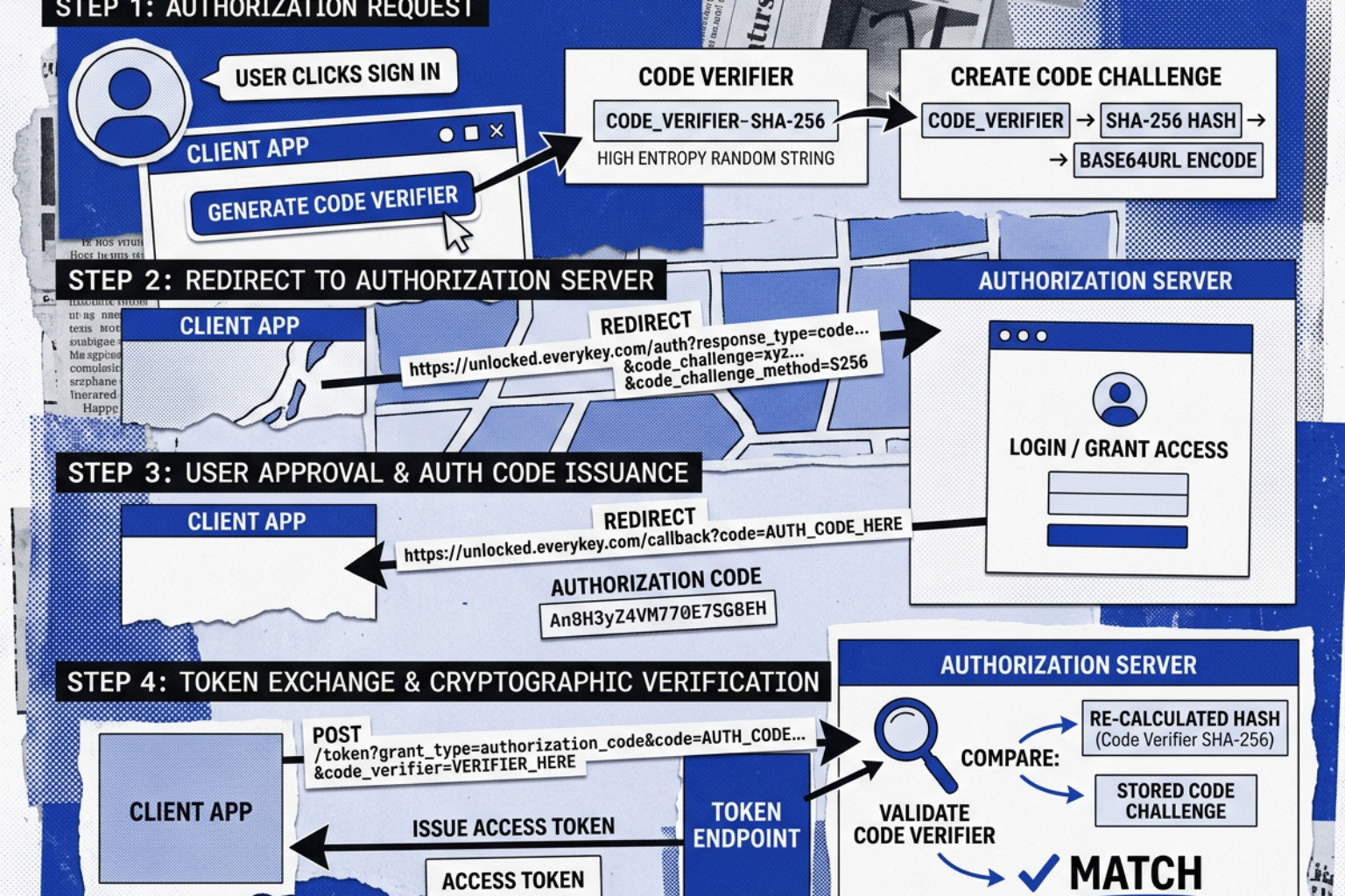 Step-by-step cryptographic handshake of PKCE flow with code challenge and verifier Step-by-step cryptographic handshake of PKCE flow with code challenge and verifier