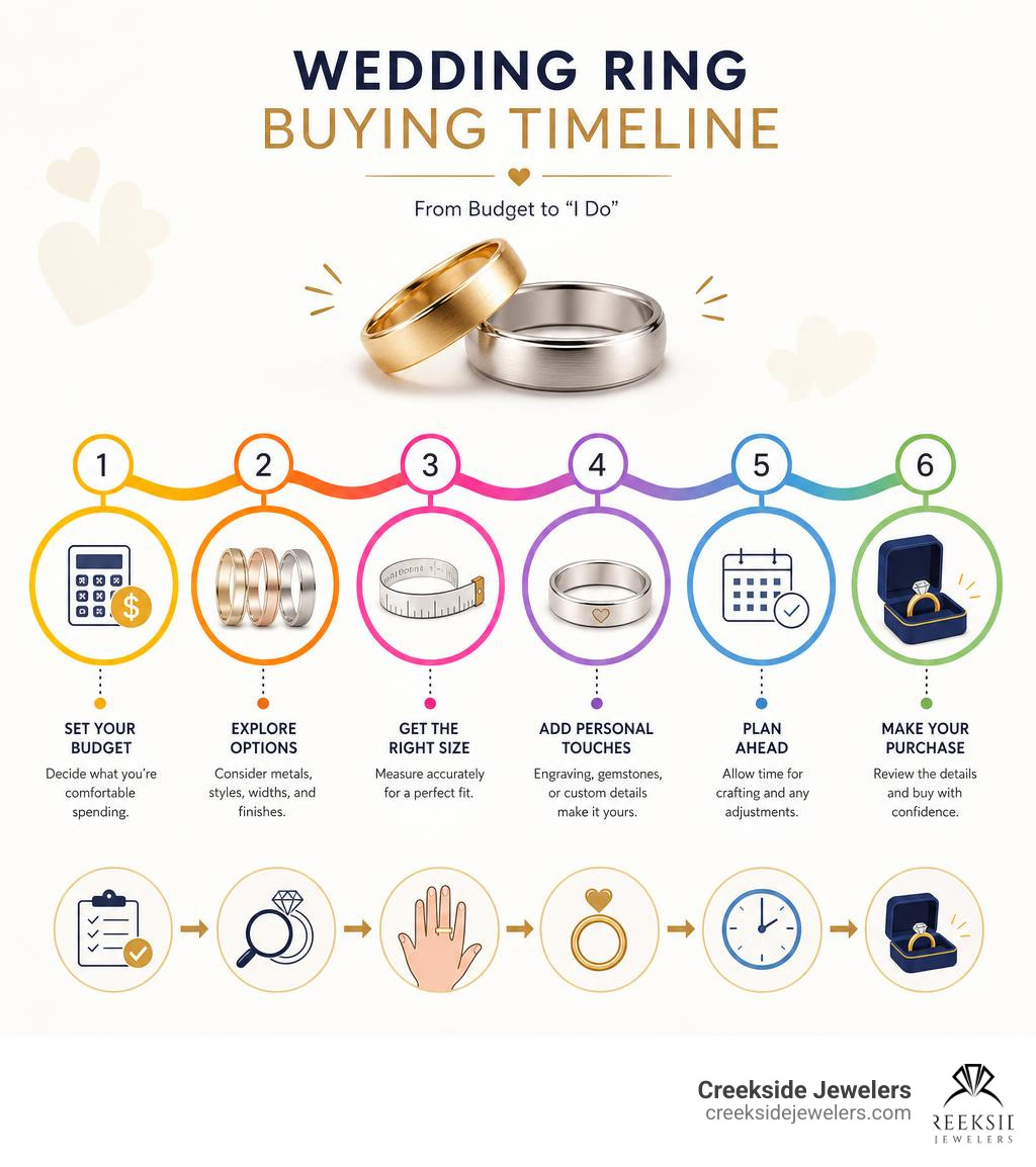 Wedding ring buying timeline infographic showing steps from budgeting to sizing to purchase infographic