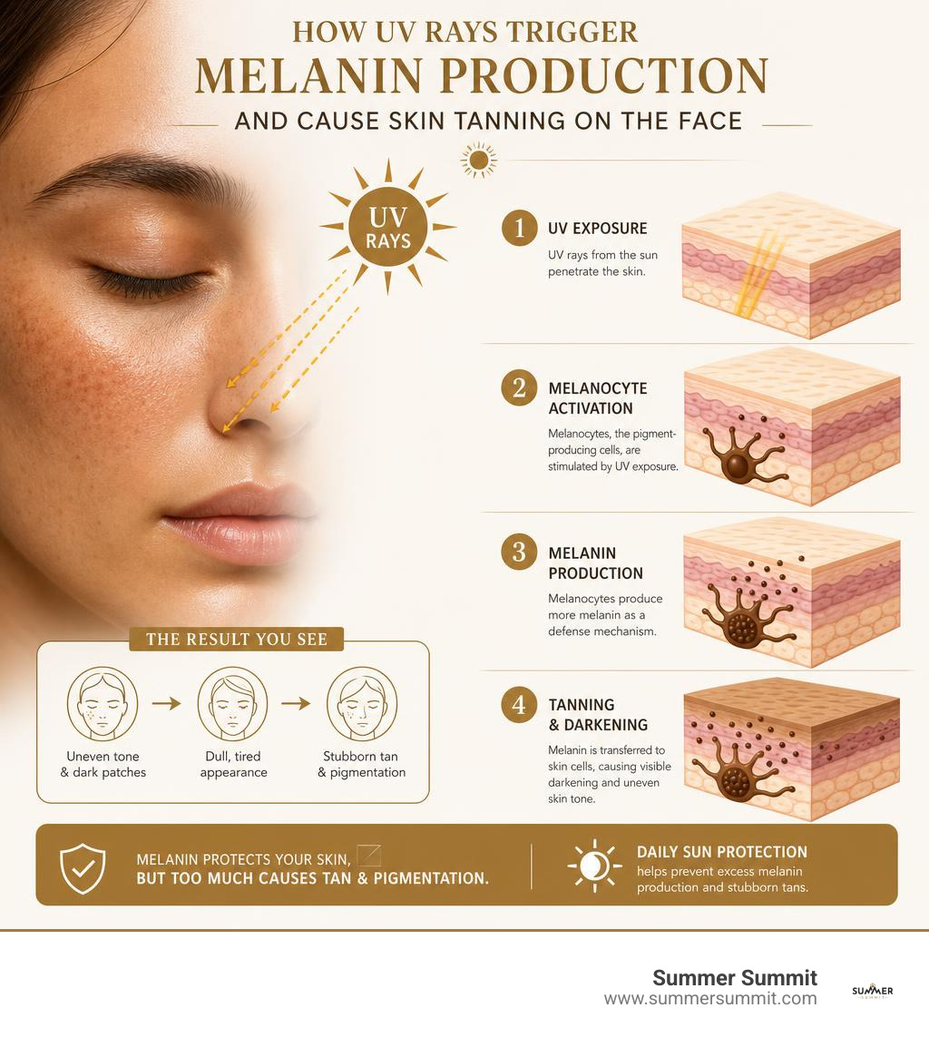 How UV rays trigger melanin production and cause skin tanning on the face infographic How UV rays trigger melanin production and cause skin tanning on the face infographic