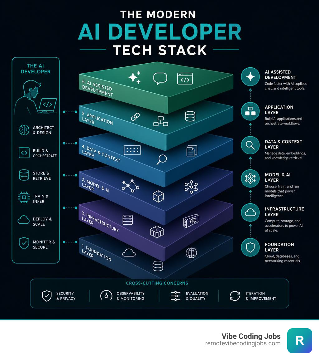 Infographic explaining the modern AI developer tech stack layers infographic