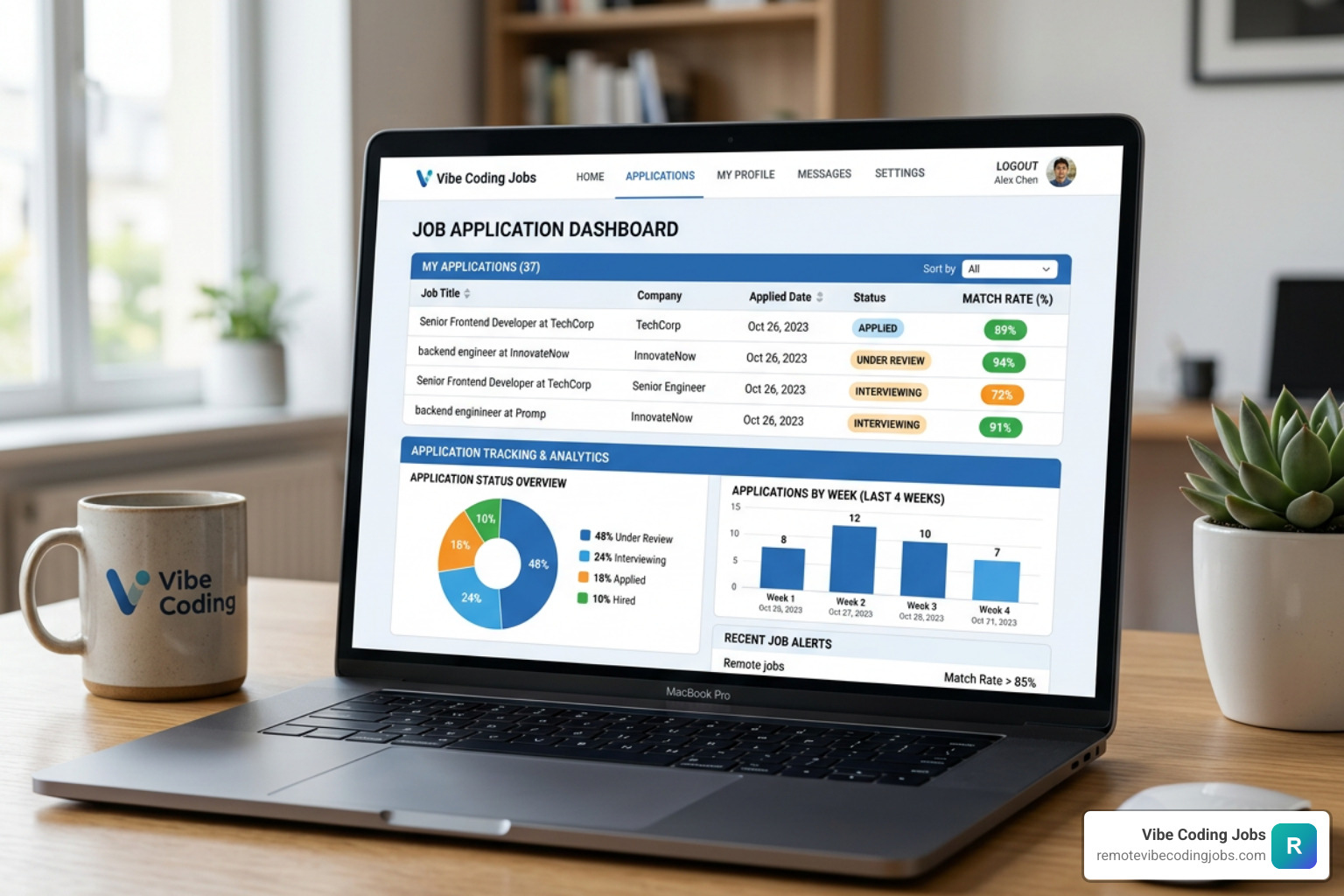 AI-powered job application dashboard showing match rates and automated application tracking