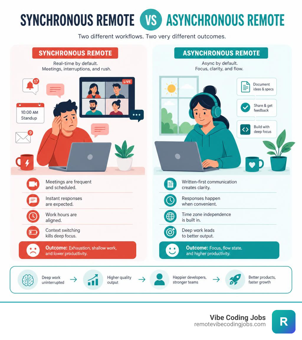 Infographic explaining the difference between synchronous remote and asynchronous remote workflows infographic