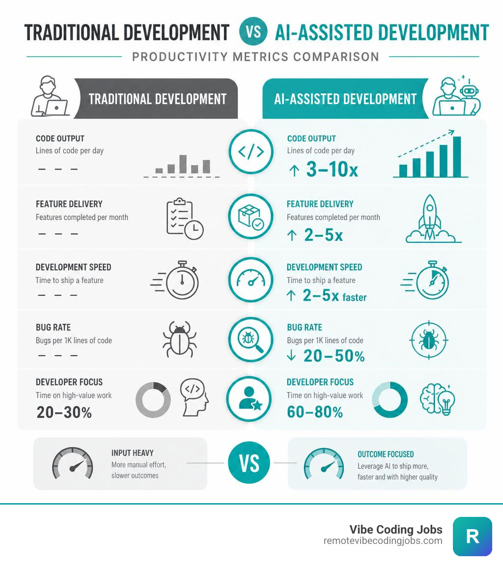 Infographic comparing traditional development vs AI-assisted development productivity metrics infographic
