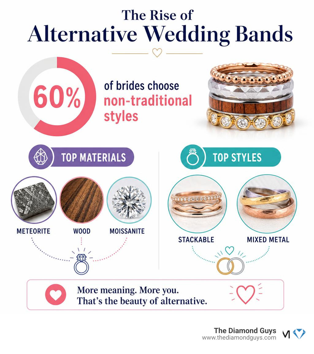 Infographic showing rise of alternative wedding bands: 60% of brides choose non-traditional styles, top materials include Infographic showing rise of alternative wedding bands: 60% of brides choose non-traditional styles, top materials include
