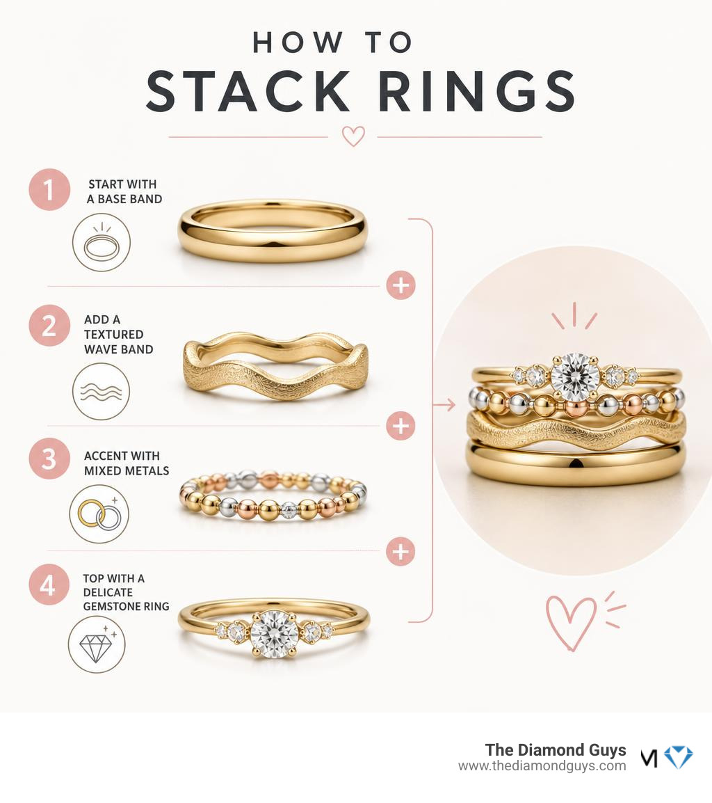 Infographic showing how to stack rings: start with a base band, add a textured wave band, accent with mixed metals, and top Infographic showing how to stack rings: start with a base band, add a textured wave band, accent with mixed metals, and top