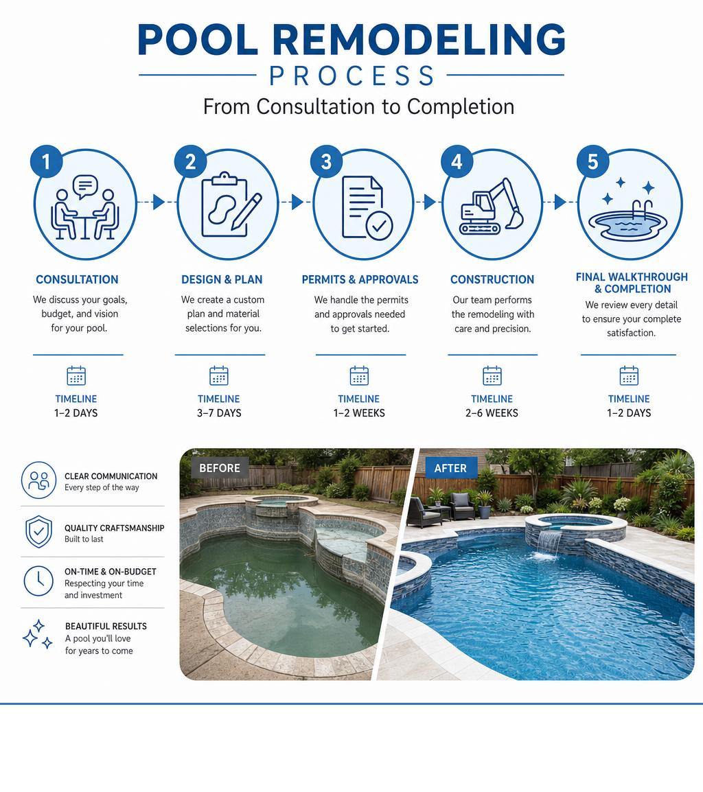 Pool remodeling process infographic from consultation to completion with steps and timelines infographic Pool remodeling process infographic from consultation to completion with steps and timelines infographic
