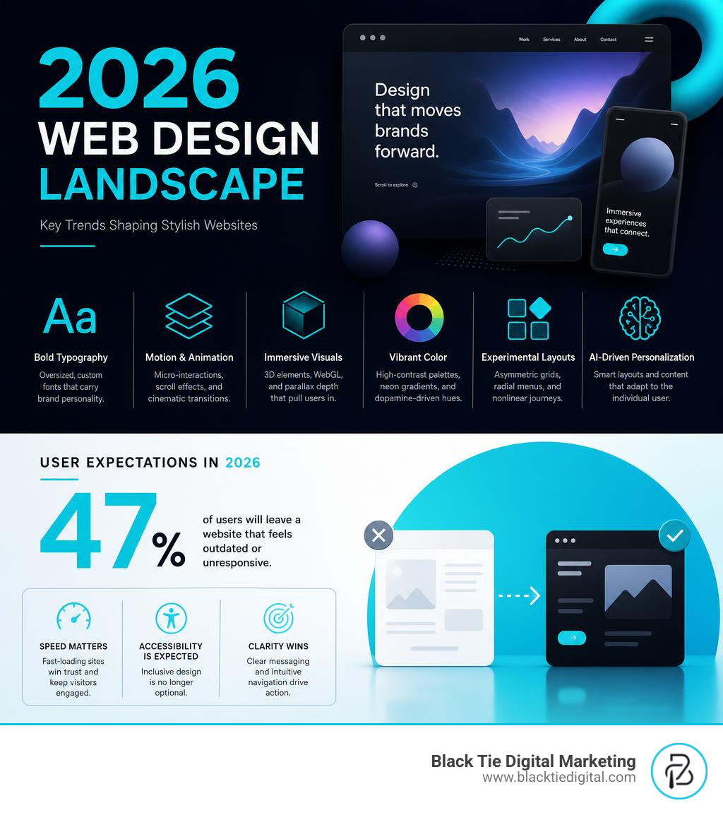 Infographic showing 2026 stylish web design landscape with key trends and user expectation stats infographic