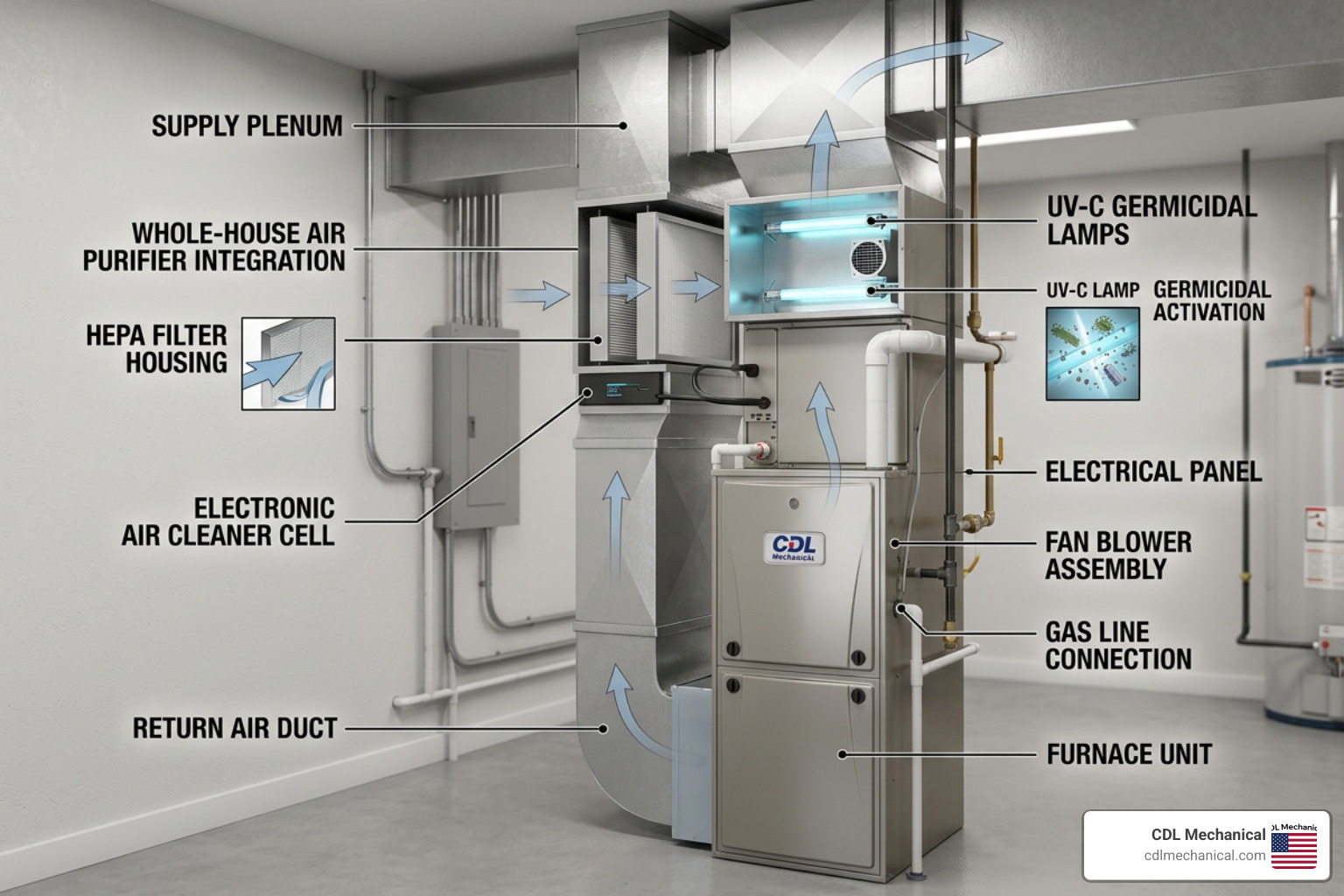 diagram showing a whole-house air purifier integrated into home ductwork next to the main HVAC unit