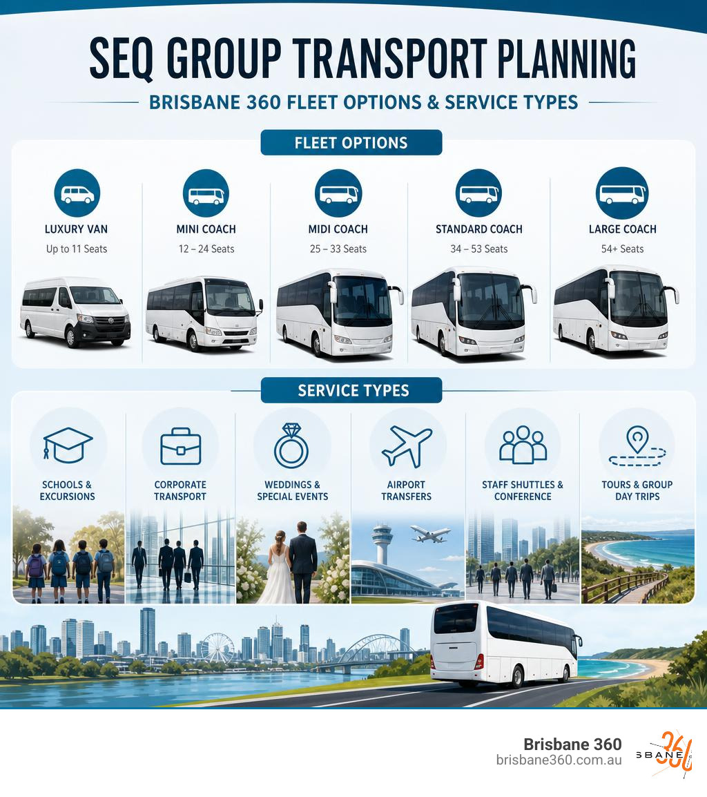 SEQ group transport planning infographic showing Brisbane 360 fleet options and service types infographic