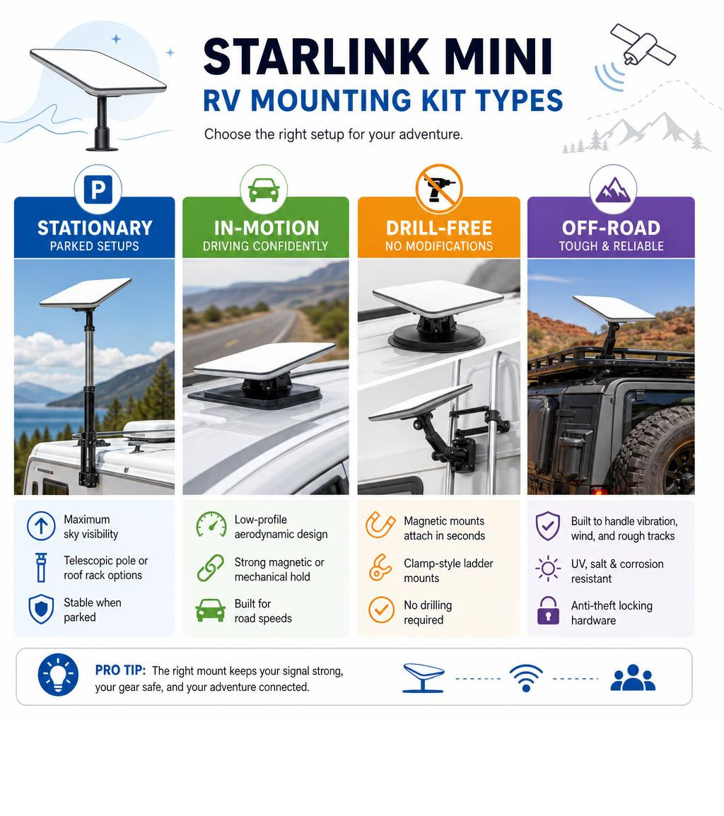 Infographic comparing Starlink Mini RV mounting kit types: stationary, in-motion, drill-free, and off-road setups infographic