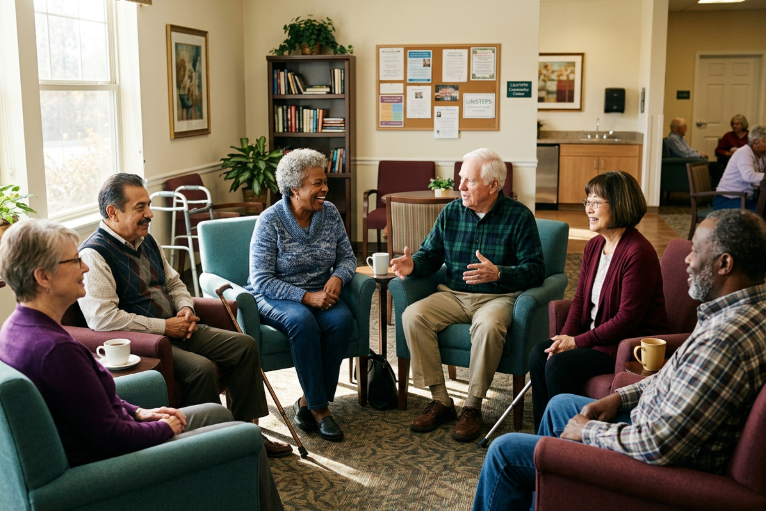 Senior apartment tour checklist showing adults in a circle of chairs chatting