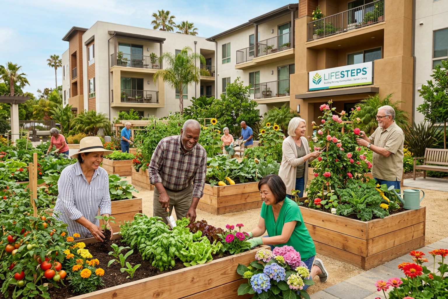 Modern senior apartment amenities showing a community garden with diverse seniors working together