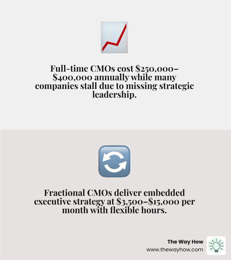 overview of fractional CMO definition, cost, hours, and ideal company stage infographic