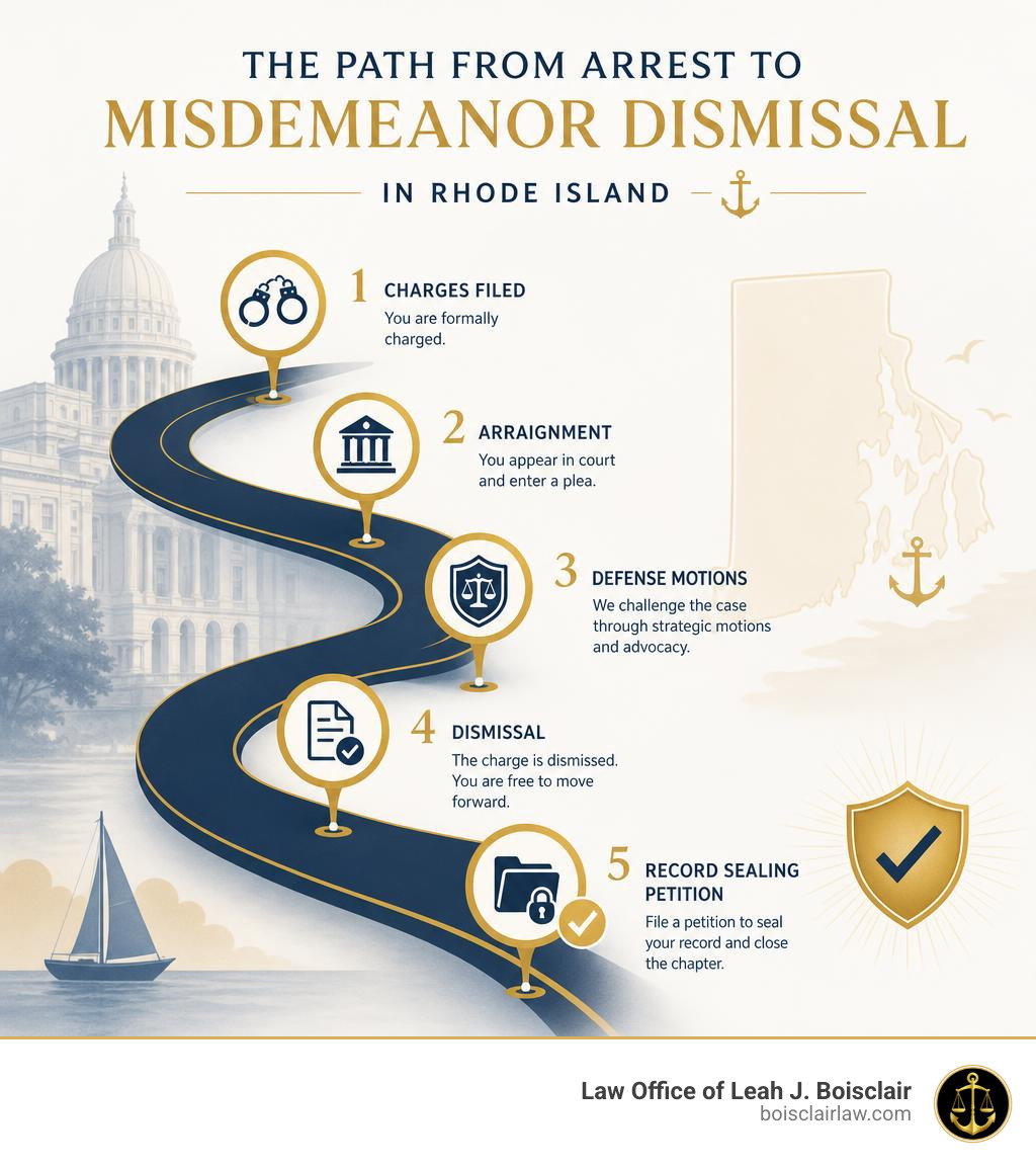 Path from arrest to misdemeanor dismissal in Rhode Island: charges filed, arraignment, defense motions, dismissal, record