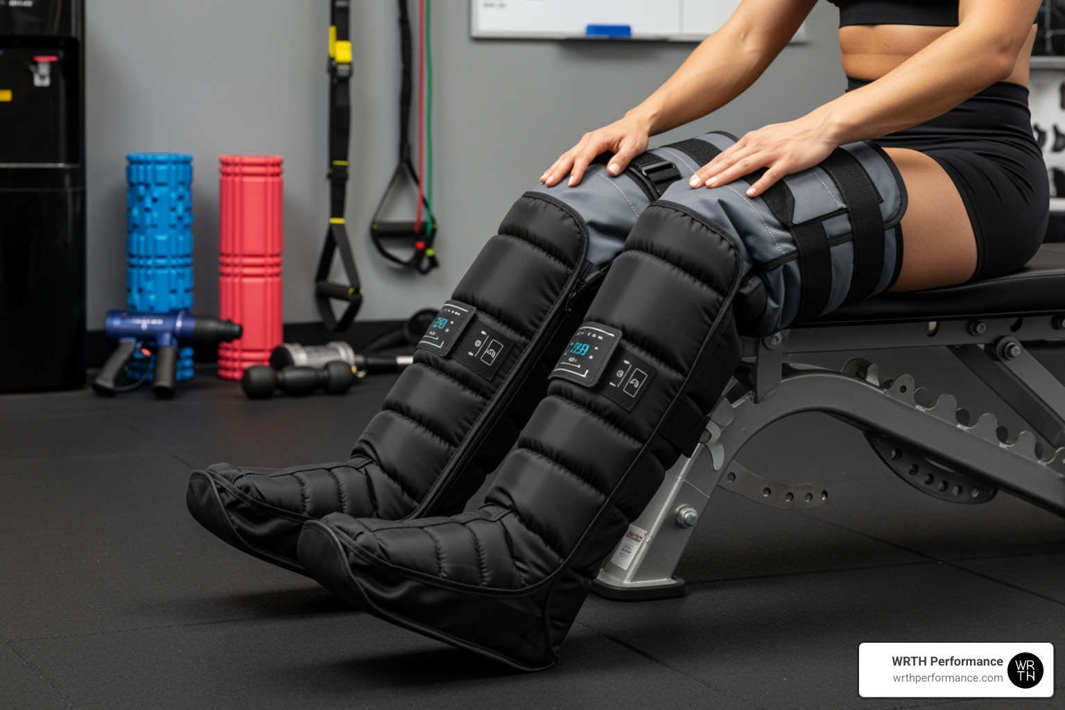Dynamic air compression boots being used for leg recovery