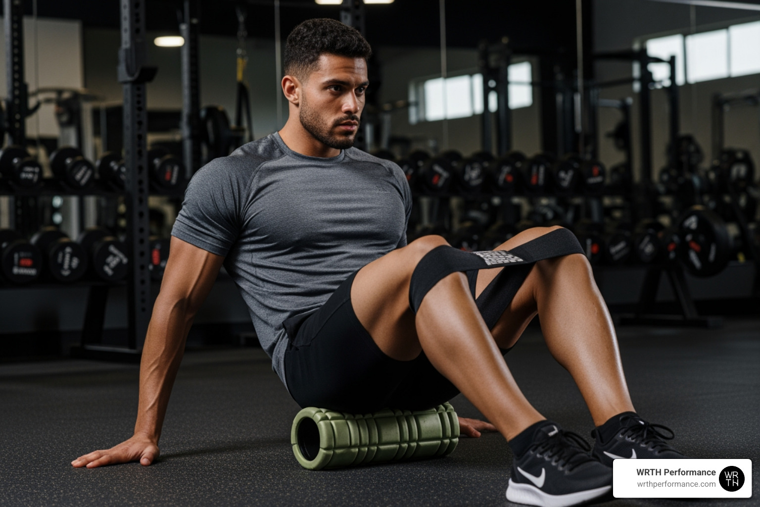 Athlete using a high-density foam roller to target the IT band