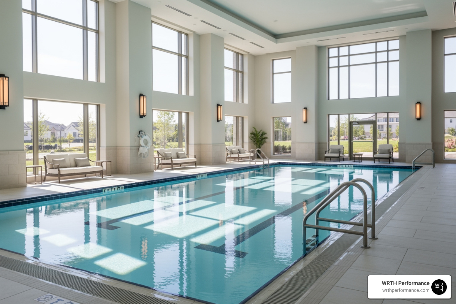 Junior Olympic-sized saline pool in a luxury fitness setting Junior Olympic-sized saline pool in a luxury fitness setting