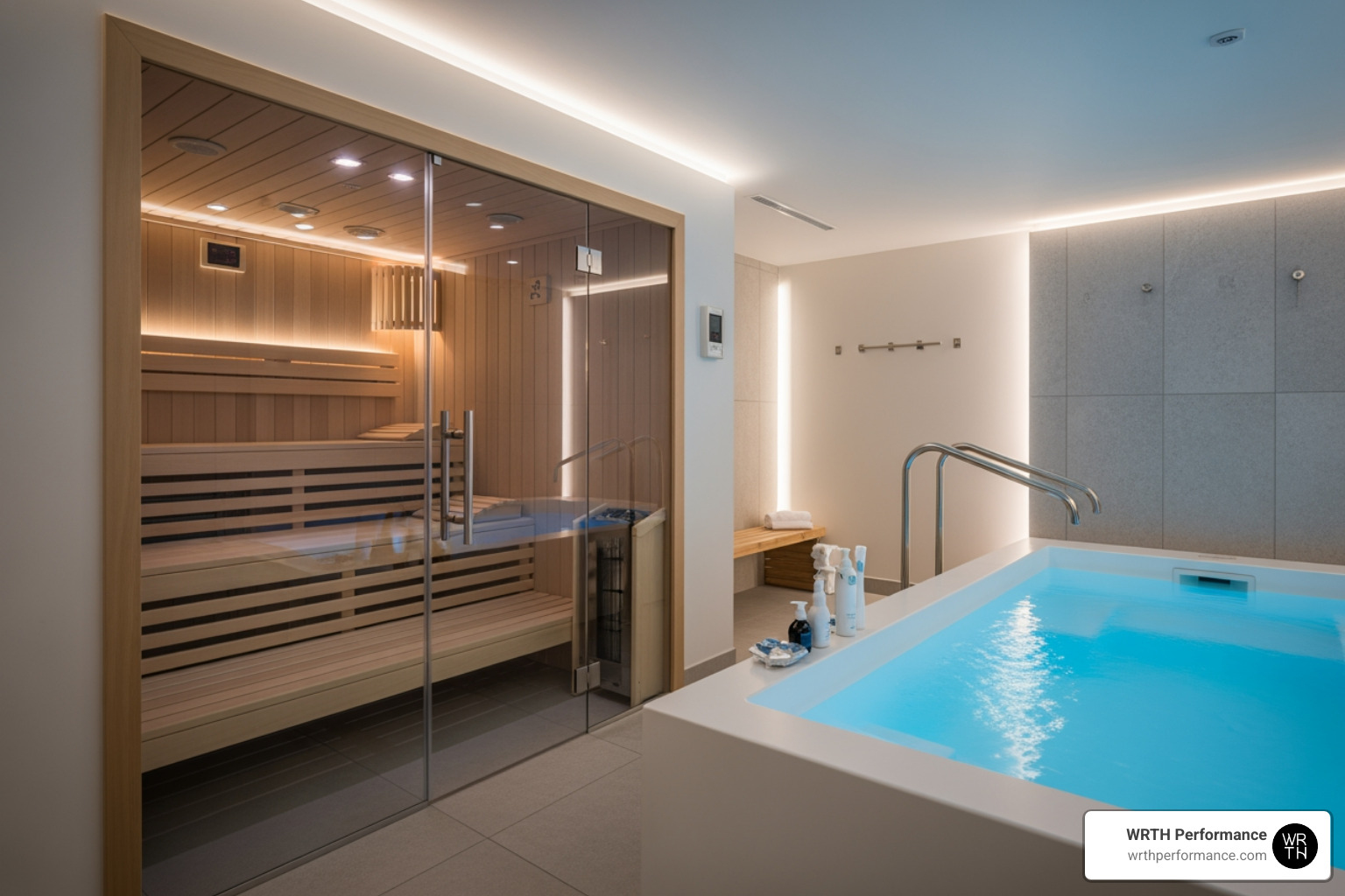 Modern recovery suite featuring infrared sauna and cold plunge Modern recovery suite featuring infrared sauna and cold plunge