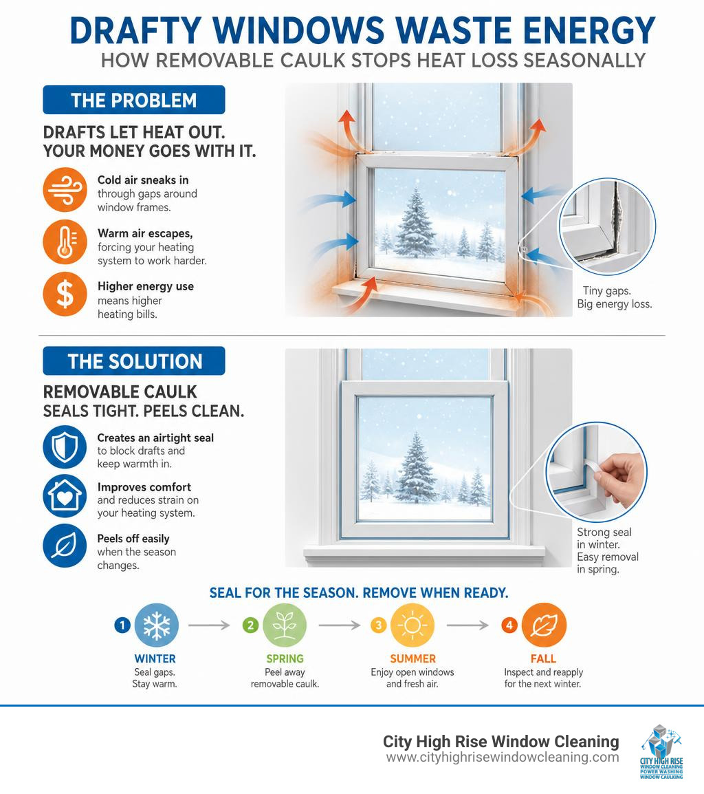 Infographic showing how drafty windows waste energy and how removable caulk stops heat loss seasonally infographic Infographic showing how drafty windows waste energy and how removable caulk stops heat loss seasonally infographic